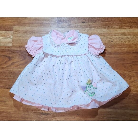 Vtg Tiny Tots Size 18 M Pink White Floral Bib Dress - Picture 1 of 4